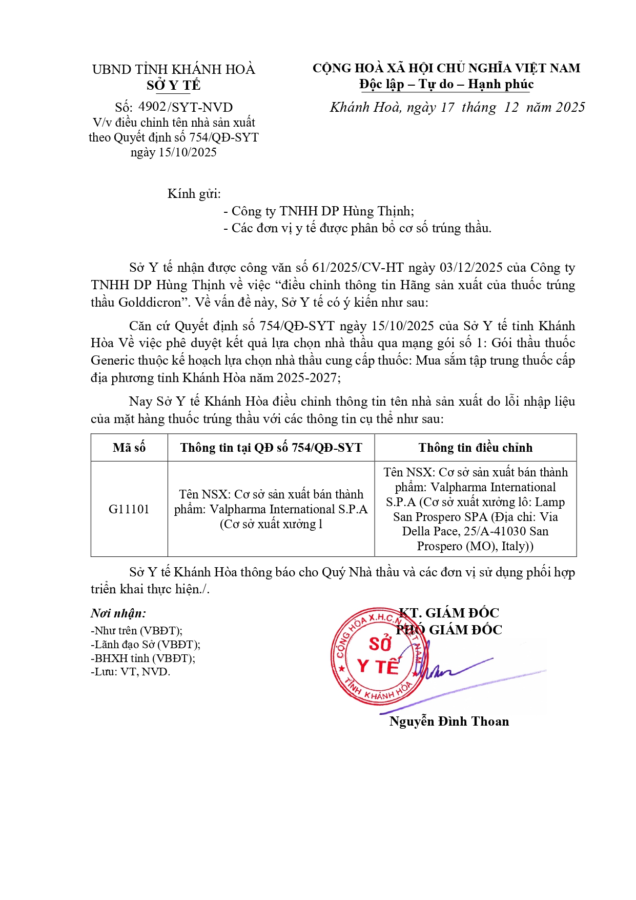 V/v điều chỉnh tên nhà sản xuất theo Quyết định số 754/QĐ-SYT ngày 15/10/2025